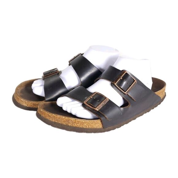 Birkenstock Men's Arizona EU44 US11 Brown Leather 2 Strap Slide Sandals Shoes - Picture 1 of 16